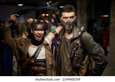 Kyiv, Ukraine September 4: Comic Con 2021, Fandom Festival In Kyiv, Ukraine. Boy And Girl Cosplayers Dressed As Furiosa And Max Rockatansky From Mad Max: Fury Road Movie.