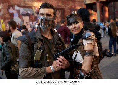 Kyiv, Ukraine September 4: Comic Con 2021, Fandom Festival In Kyiv, Ukraine. Boy And Girl Cosplayers Dressed As Furiosa And Max Rockatansky From Mad Max: Fury Road Movie.