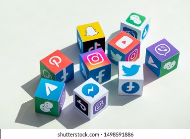 Kyiv, Ukraine - September 5, 2019: A paper cubes collection with printed logos of world-famous social networks and online messengers, such as Facebook, Instagram, YouTube, Telegram and others.