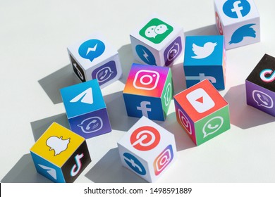 Kyiv, Ukraine - September 5, 2019: A paper cubes collection with printed logos of world-famous social networks and online messengers, such as Facebook, Instagram, YouTube, Telegram and others.