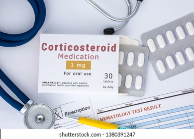 KYIV, UKRAINE-APRIL 22, 2019:  Corticosteroid medication or drug concept photo. On doctor table lies open packaging labeled "Corticosteroid medication" and fell out of blisters with pills treatment