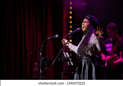 KYIV-1 FEBRUARY,2019: Famous R&b Singer Mylah Performing On Stage In Night Club.Popular African American Artist Singing Live On Concert In Music Hall