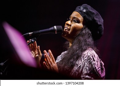 KYIV-1 FEBRUARY,2019: Famous r&b singer Mylah performing on stage in night club.Popular African American artist singing live on concert in music hall