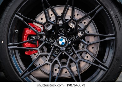 KYIV-15 MAY,2021: BMW M Power Performance Tuning Parts On Drift And Car Show. AC Schnitzer Rims With Low Profile Racing Tires And Ceramic Brake Pads For Performance Tuning