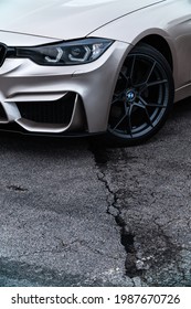 KYIV-15 MAY,2021: BMW M3 F80 Sport Car In Custom Wide Body Kit And Front Spoiler, Equipped With Tuner Rims And Low Profile Tires On Drift And Cars Show