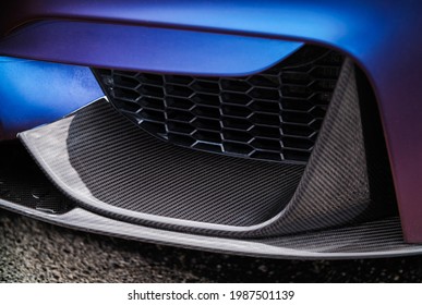 KYIV-15 MAY,2021: Carbon Front Spoiler On BMW M3 F80 Sport Car Wrapped In Blue Vinyl On Drift And Cars Show