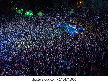 KYIV-25 MAY,2019: Aerial Drone Photo Of Radio Day Summer Festival.Big Group Of Music Fans Partying Outdoor At Night