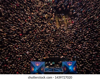 KYIV-25 MAY,2019: Summer Music Festival Crowd Partying To Famous Dj At Night.Radio Day Festival Event Shot From Above With Aerial Drone Camera.Popular Entertainment Event For Youth