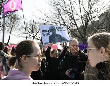 Kyiv,Ukraine 03/08/2019: Man Protesting In Crowd With Poster At The Women's March 2019