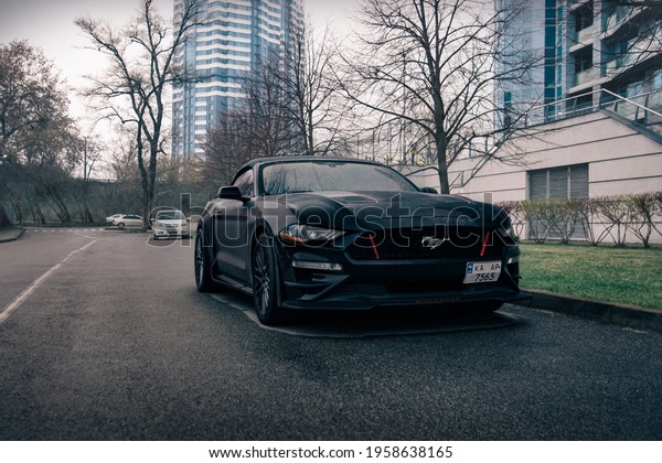 Kyiv,Ukraine - April 2021: Black Ford Mustang GT 5.0\
Roush in the rainy weather\
