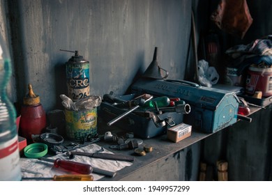 Kyiv,Ukraine - April 2021: Trash On The Shelf In The Garage That Has Many Tools