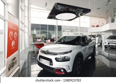 Kyiv/Ukraine - August 25, 2019: Car Citroen C4 Cactus New In The Showroom. White Car. Showroom And Car Of Dealership Citroen.