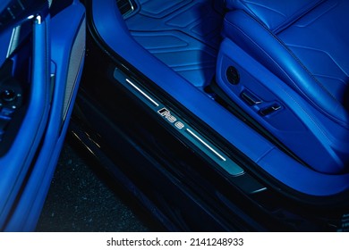 Kyiv,Ukraine - November 2021: Audi RS6 C8 With A Blue Interior At Night.Car Open Door Frame. Photoshoot