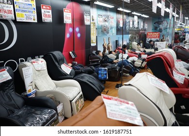 KYOTO, JAPAN - APR 02, 2017: Various Model And Brand Of Luxury Massage Chair Display At Yodobashi Store In Kyoto.