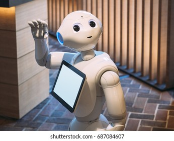 KYOTO, JAPAN - APR 14, 2017 : Pepper Robot Assistant With Information Screen At Tsutaya Shop Tourism Japan 