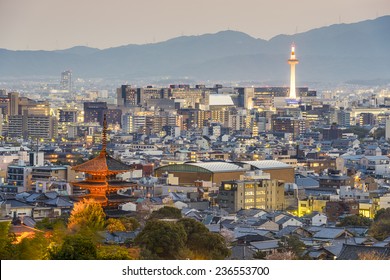 Kyoto, Japan City Skyline At Dusk.