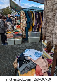 Kyoto, Japan - January 21 2019: Japanese Local Looking At Second Hand Traditional Kimono Fabric At A Vintage Flee Market In Kyoto Japan