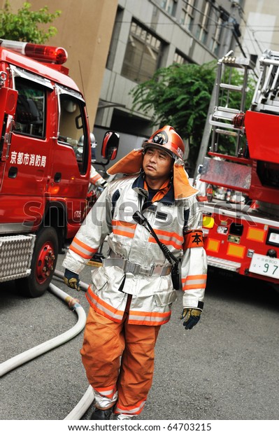 KYOTO, JAPAN - JULY 28 : Kyoto City\
Fire Department at work on July 28, 2010 in Kyoto,\
Japan.
