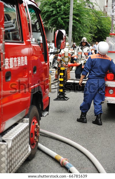 KYOTO, JAPAN - JULY 28 : Kyoto City
Fire Department at work on July 28, 2010 in Kyoto,
Japan.