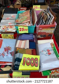 Kyoto, Japan, Kitano Tenmangu Shinto Shrine Flea Market, December 2021, Translation: High Quality Kimono Sashes Reduced In Price