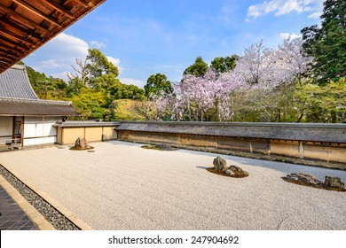 Kyoto, Japan The Ryoan-ji Temple Zen Rock Garden In The Spring.