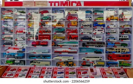 KYOTO, JAPAN-CIRCA 2018 : Assortment Of Tomica Die Cast Toy Cars On Displayat A Restaurant  In Kyoto, Japan.