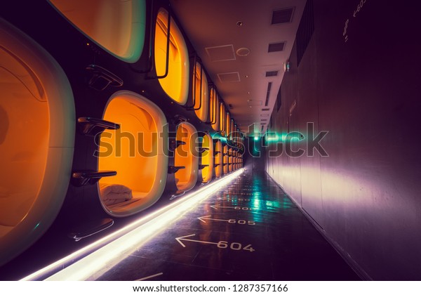 KYOTO,JAPAN-NOV 25,2018: Interior or 9 hours\
capsule hotel. The idea behind this trendy capsule hotel in Kyoto\
is that you get to sleep for ‘9\
hours’