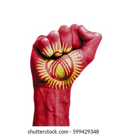 Kyrgyzstan National Flag Painted Onto A Male Clenched Fist. Strength, Power, Protest Concept