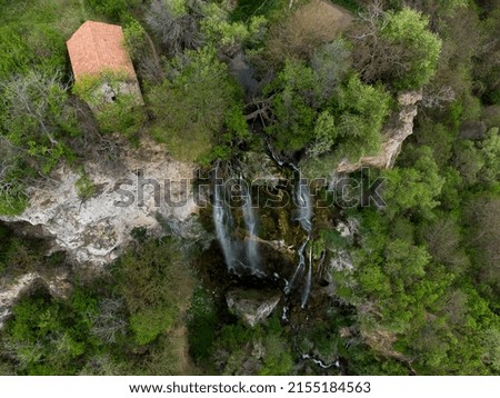 Kyustendil, Bulgaria 2022. Polska Skakavitsa Waterfall in the Zemen Mountain 50 meters high with drone.