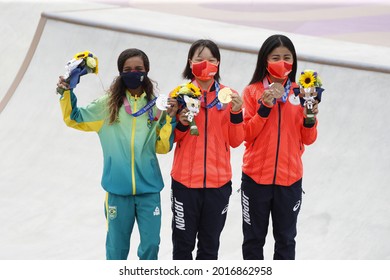 (L To R) Rayssa Leal (BRA), Momiji Nishiya, Funa Nakayama (JPN) - Skateboarding : Women's Street Medal Ceremony During The Tokyo 2020 Olympic Games At The Ariake Urban Sports Park In Tokyo, Japan.