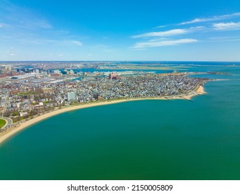 L Street Beach and Dorchester Penninsula historic district aerial view in spring from South Boston, Massachusetts MA, USA. 