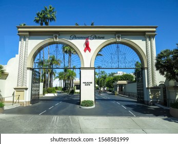 LA, CA - November 2 2019: Main Entry Melrose Gate To The Paramount Pictures Studio Lot On Melrose Avenue, Hollywood, Los Angeles. The Shot Is Taken From The Front Of The Door.