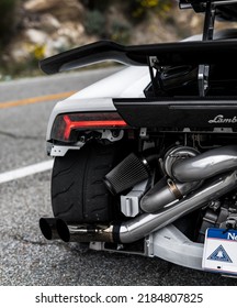 LA, CA, USA
July 30, 2022
Modified Lamborghini Huracan Showing The Rear Of The Car Without A Bumper And A Modified Exhaust.