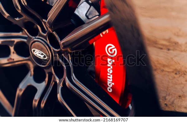 LA, CA, USA\
March\
19, 2022\
Ford Mustang Shelby GT 500 in black showing the red\
Brembo brake calipers