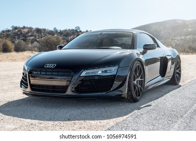 LA, California; March 24, 2018. Audi R8 on the front of mountain. Editorial photo.