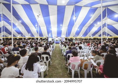 LA CARLOTA CITY, PHILIPPINES - Mar 01, 2019: A View Of The People During The Evangelistic Religious Christian Tent Revival In The Philippine Islands