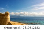 La Citadelle in Ajaccio, Old stone fortress and sandy beach in Corsica, France