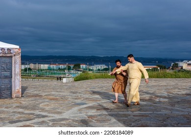 La Coruna, Spain 23 June 2022: The Play Of Two Actors In The Open Air.