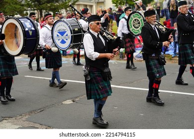 La Crosse, Wisconsin USA - October 5th, 2022: La Crosse Bagpipes And Drums Scottish Band Marched In Oktoberfest Parade.