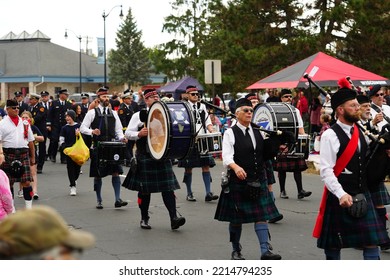 La Crosse, Wisconsin USA - October 5th, 2022: La Crosse Bagpipes And Drums Scottish Band Marched In Oktoberfest Parade.