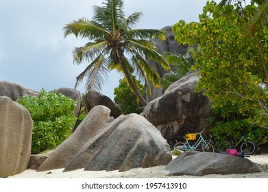 La Digue, Seychelles; 7 1 2019: Two Bikes In Anse Source D'Argent