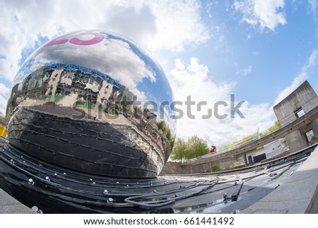 La Geode Of Cite des Sciences et de l'Industrie Is A Mirror-Finished Geodesic Dome Which Located At Parc de la Villette Taken Using Fisheye Lens. The Cite Is The Biggest Science Museum In Europe.