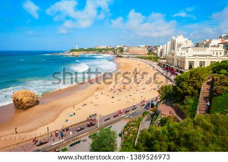 La Grande Plage aerial view from viewpoint, a public beach in Biarritz city on the Bay of Biscay on the Atlantic coast in France