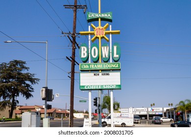 La Habra, CA, USA – July 12, 2021: Signage For The Historic La Habra Bowl On Whittier Boulevard In La Habra, California. 