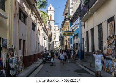 La Havana, Cuba - December 26, 2016:  Street View With Tourists In Front Of La Bodega De Medio, Most Famous Bar In Cuba, General Travel Imagery