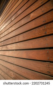 La Jolla, California- Horizontal Wood Planks Wall Exterior. Close-up Of A Building Wall With Natural Smooth Wood Planks Wall Cladding.