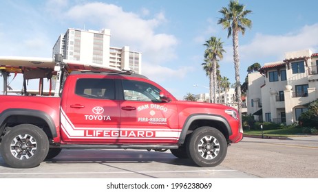 La Jolla, California USA - 23 Nov 2020: Lifeguard Red Pickup Truck, Life Guard Auto By Beach. Rescue Pick Up Car On Coast For Surfing Safety, Lifesavers 911 Vehicle. Palm Tree On San Diego City Street