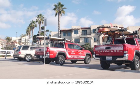 La Jolla, California USA - 23 Nov 2020: Lifeguard Red Pickup Truck, Life Guard Auto By Beach. Rescue Pick Up Car On Coast For Surfing Safety, Lifesavers 911 Vehicle. Palm Tree On San Diego City Street