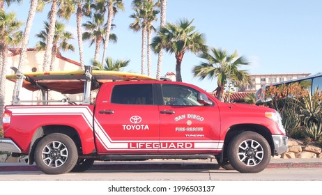 La Jolla, California USA - 23 Nov 2020: Lifeguard Red Pickup Truck, Life Guard Auto By Beach. Rescue Pick Up Car On Coast For Surfing Safety, Lifesavers 911 Vehicle. Palm Tree On San Diego City Street