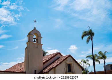 La Jolla Spanish Mission Style Church Bell Tower With Palm Trees In San Diego California. Religious Symbolism Of Mexican Culture
